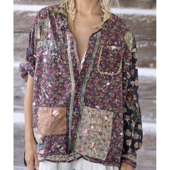 Magnolia Pearl top OS adison workshirt patchwork strawberry floral paint artsy - Picture 2 of 16